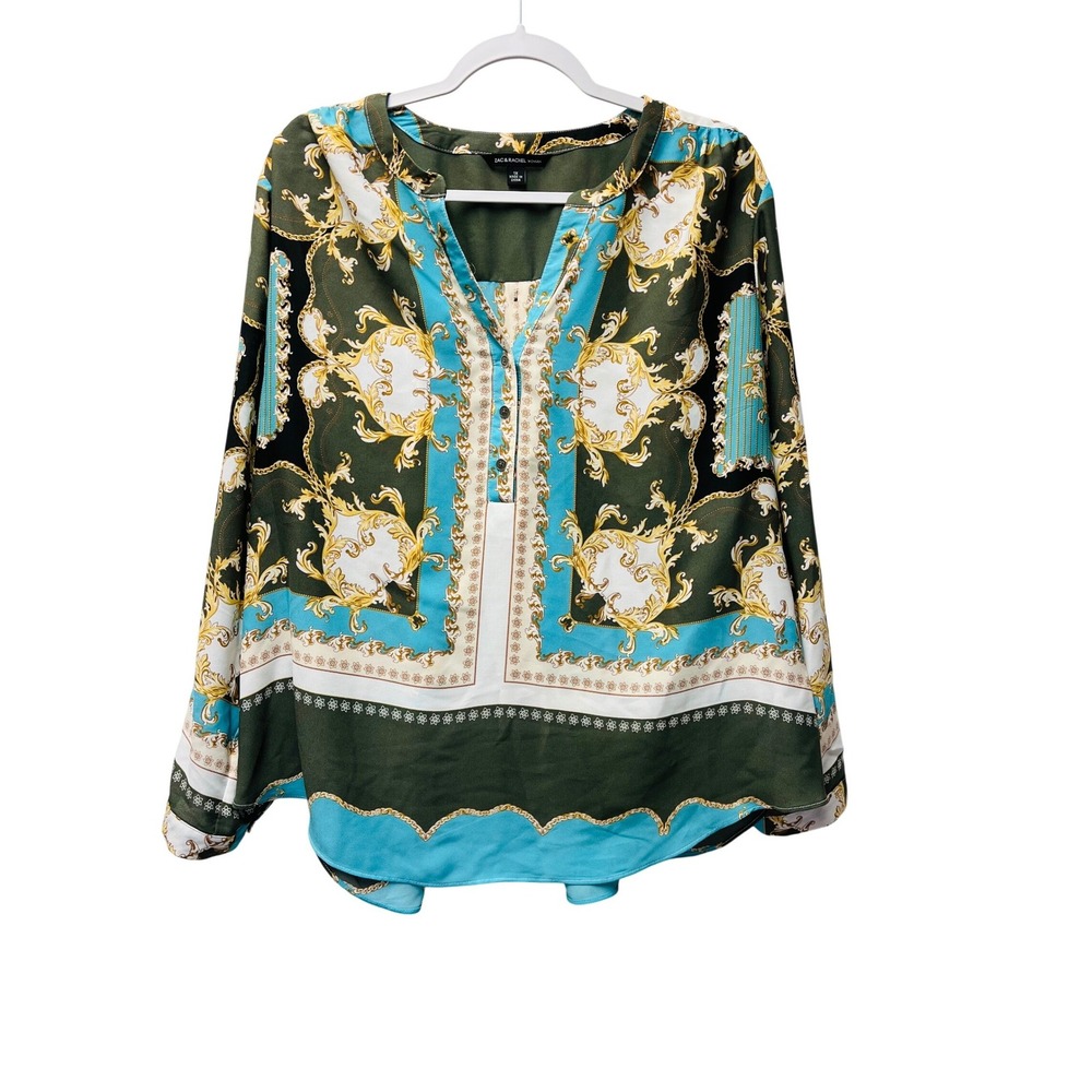Zac & Rachel Blouse 1X Baroque Scarf Print Teal Green Gold‎ Artsy Eclectic Luxe